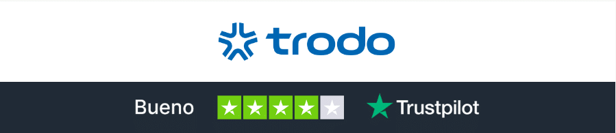 Logo de TRODO, una tienda online de recambios de coche, con un elemento gráfico que parece un copo de nieve o asterisco a la izquierda del texto. Debajo, una barra de calificación con cuatro estrellas verdes y la palabra ‘Bueno’ en texto verde junto al logo de Trustpilot.