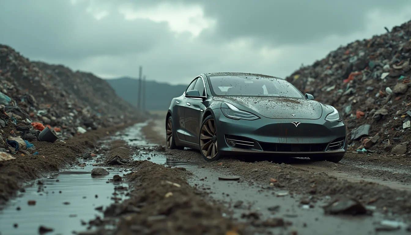 Un coche Tesla negro en un camino embarrado con charcos, rodeado de lo que parece ser un vertedero con basura dispersa. El cielo está nublado, creando un contraste entre la tecnología avanzada y la contaminación ambiental.