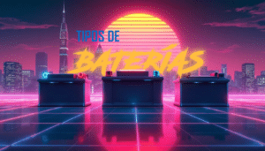 Una ciudad estilizada al amanecer o al atardecer con un gran sol brillante detrás del horizonte. En primer plano, se muestran dos baterías de coche conectadas por corrientes eléctricas, con la frase “TIPOS DE BATERÍAS” en letras grandes. La escena está renderizada con colores neón vibrantes, predominantemente rosas y azules, dando una sensación retro-futurista.