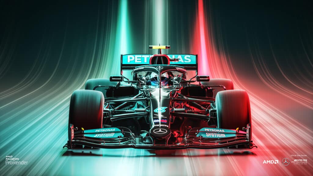 Un coche de Fórmula 1 de Mercedes-AMG Petronas en movimiento, con estelas de luz dinámicas en colores rojo y turquesa en el fondo, sugiriendo alta velocidad. El coche es mayoritariamente negro con logotipos de patrocinadores como PETRONAS e INEOS. El emblema de Mercedes se muestra de manera prominente en el morro y sobre el habitáculo del piloto.