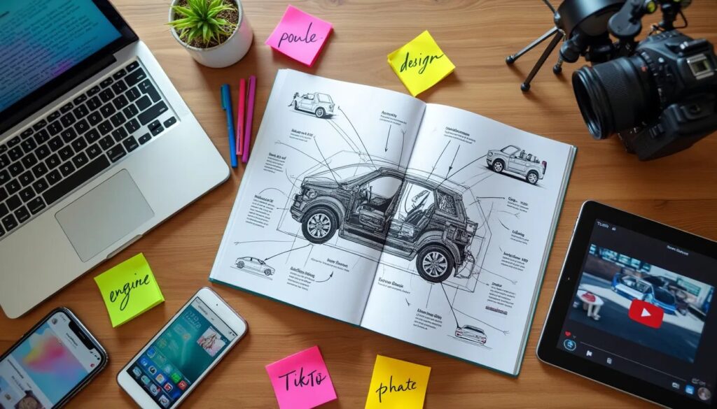 Un escritorio de madera con varios objetos que crean un espacio de trabajo ocupado pero organizado. En el centro hay una revista abierta con un plano detallado de un coche. Alrededor de la revista hay varias notas adhesivas con palabras escritas a mano: ‘perfil’, ‘motor’, ‘poule’ y ‘diseño’. A la izquierda de la revista hay un portátil mostrando una interfaz de correo electrónico, junto a una pequeña planta en maceta. A la derecha, hay una cámara profesional y una tableta mostrando lo que parece ser un video de YouTube sobre coches. Debajo de la mesa, hay otra nota adhesiva con ‘TikTok’ escrito y parcialmente visible otra nota con ‘foto’ inscrito. La variedad de tecnología y notas sugiere que este espacio pertenece a alguien involucrado en trabajos creativos o de diseño relacionados con vehículos, posiblemente para varias plataformas de medios.