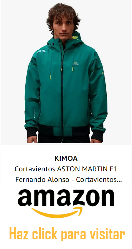 La imagen muestra a una persona vistiendo un cortavientos verde con el logotipo de KIMOA y otro logotipo relacionado con ASTON MARTIN F1, lo que sugiere que es un producto de merchandising del equipo de Fórmula 1. Debajo de la imagen, hay un texto que dice “KIMOA Cortavientos ASTON MARTIN F1 Fernando Alonso - Cortavientos…” seguido del logotipo de Amazon. Al hacer clic en la imagen, se te lleva a la página de Amazon para comprarlo.
