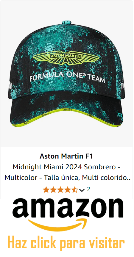 La imagen muestra una gorra de béisbol con un diseño relacionado con el equipo de Fórmula 1 de Aston Martin. La gorra es predominantemente negra con patrones abstractos verdes y presenta el logotipo de Aston Martin en la parte frontal. Debajo de la gorra, hay texto que indica que es una “Aston Martin F1 Midnight Miami 2024 Sombrero - Multicolor - Talla única, Multi colorido.” Además, hay un logotipo de Amazon seguido de “Haz click para visitar,” indicando que al hacer clic en la imagen se accede directamente a Amazon para comprar o ver más detalles sobre el producto.
