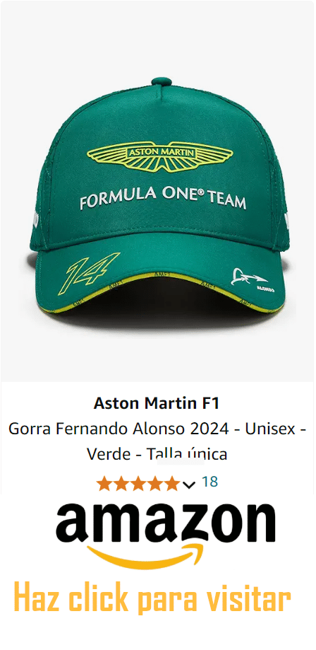 La imagen muestra una gorra verde del equipo Aston Martin de Fórmula 1. La gorra presenta logotipos bordados, incluyendo el logo de las alas de Aston Martin y la firma de Fernando Alonso, piloto de Fórmula 1. Debajo de la gorra, hay un texto que anuncia el producto como “Aston Martin F1 Gorra Fernando Alonso 2024 - Unisex - Verde - Talla única” disponible en Amazon, acompañado de una gráfica de cinco estrellas y un botón que dice “Haz click para visitar”, que te lleva a la página de Amazon para comprarla.