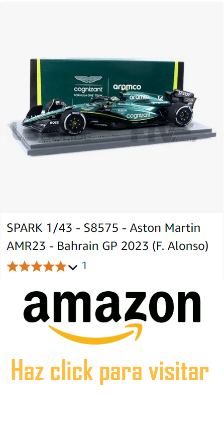 La imagen muestra un modelo a escala 1/43 del coche de Fórmula 1 Aston Martin AMR23, específicamente para el GP de Bahréin 2023 y asociado con el piloto F. Alonso. Debajo del modelo, hay un gráfico con cinco estrellas, indicando una calificación, seguido del logotipo de Amazon y texto en español que dice “Haz click para visitar”. Esto indica claramente que al hacer clic en la imagen se accede directamente a Amazon para comprar este producto.