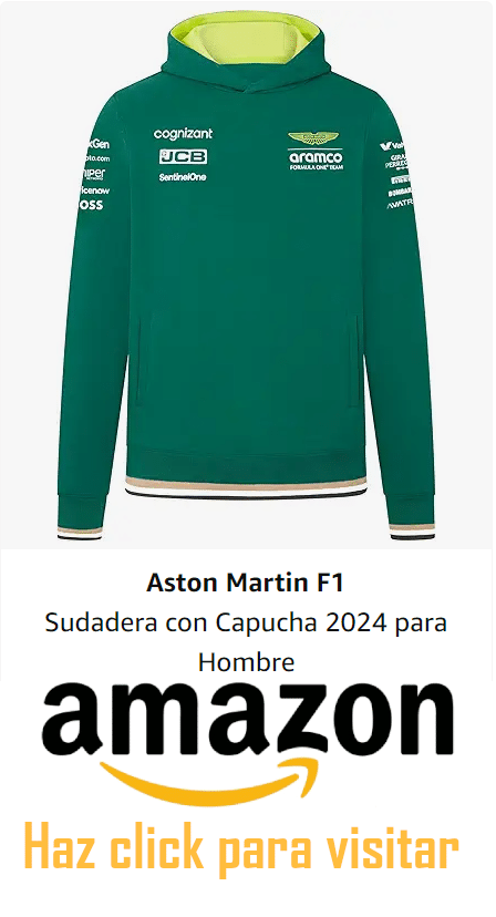 La imagen muestra una sudadera con capucha de color verde con el texto “Aston Martin F1” en la parte superior, seguido de varios logotipos de patrocinadores como “Cognizant” y “Pirelli”. Debajo de la sudadera, hay texto en español que dice “Sudadera con Capucha 2024 para Hombre” y un gráfico de botón con el texto “Haz click para visitar” en una flecha con la marca de Amazon. Al hacer clic en la imagen, se accede directamente a Amazon para comprar este producto.