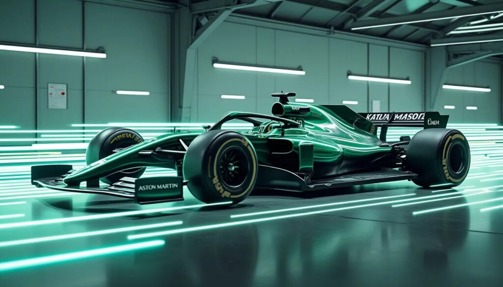 La imagen muestra un coche de Fórmula 1 moderno del equipo Aston Martin. El coche está estacionado en un garaje con iluminación fluorescente que crea líneas dinámicas en el suelo, destacando el diseño aerodinámico del vehículo. La carrocería es predominantemente de un tono verde oscuro con logotipos de patrocinadores como “Aston Martin” y “Cognizant” claramente visibles. La imagen captura la esencia de la ingeniería de alto rendimiento en el automovilismo y es relevante para aquellos interesados en la Fórmula 1 o el diseño automotriz.