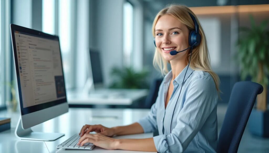 Una mujer rubia y sonriente de rasgos letones sonríe hacia la cámara mientars trabaja atendiendo llamadas de clientes en su ordenador. Es parte del muy dedicado servicio de atención al cliente de Trodo.es