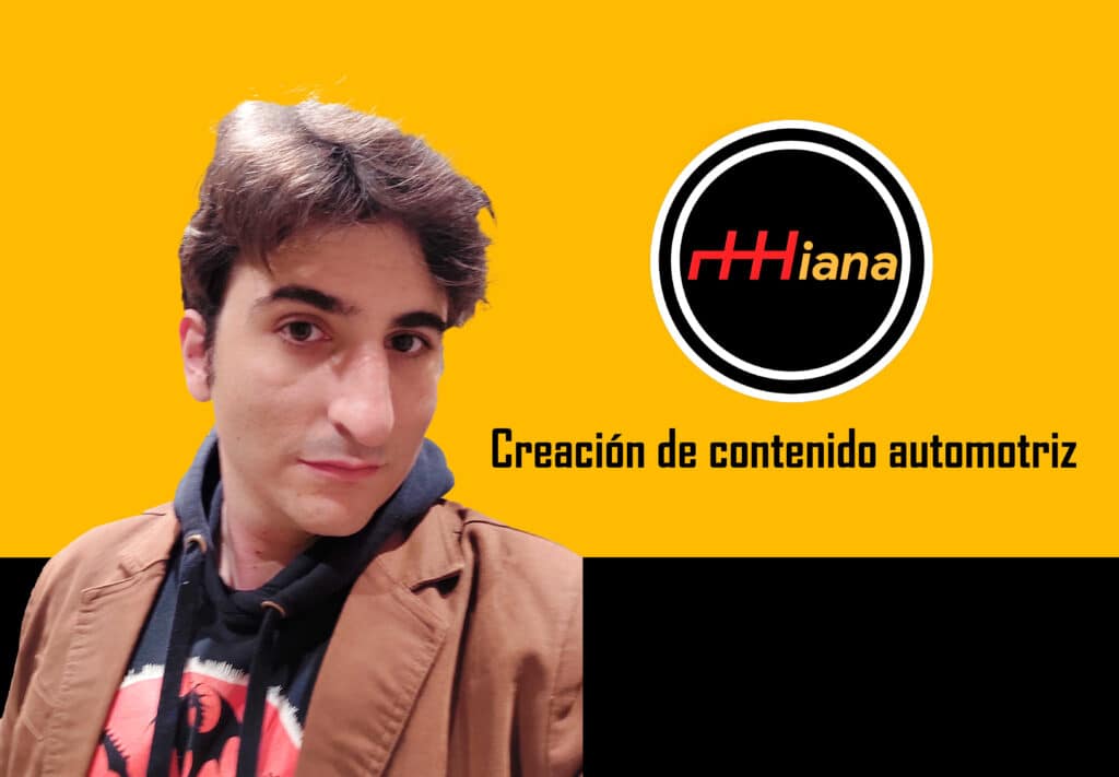 Una persona de pie frente a un fondo bicolor dividido en diagonal, con la parte superior en negro y la inferior en amarillo. A la derecha de la persona hay un logotipo con tres líneas horizontales rojas seguido del texto “Miana” en blanco, y debajo, el texto “Creación de contenido automotriz”. La imagen sugiere el uso de “Redacción SEO para sitios web de automóviles” en el contexto de creación de contenido automotriz.
