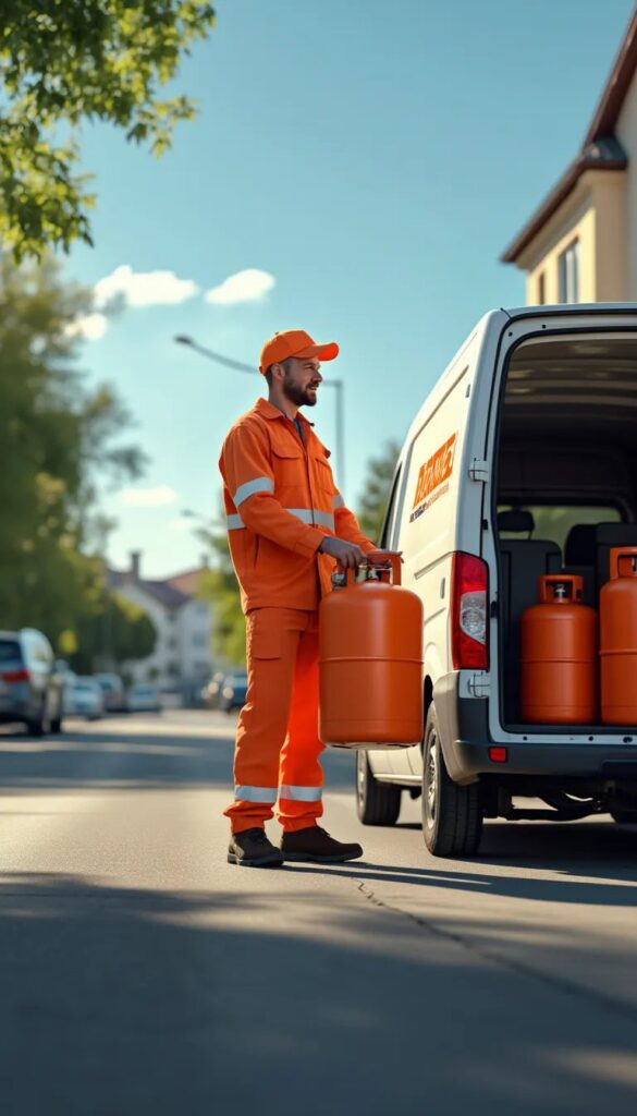 Un trabajador de butano, vestido con ropa de trabajo naranja, sostiene una bombona de gas y está junto a una furgoneta abierta con varias bombonas de gas en su interior. La furgoneta y la ropa del trabajador tienen la palabra ‘BUTANO’ impresa. La escena se desarrolla en una calle residencial soleada.