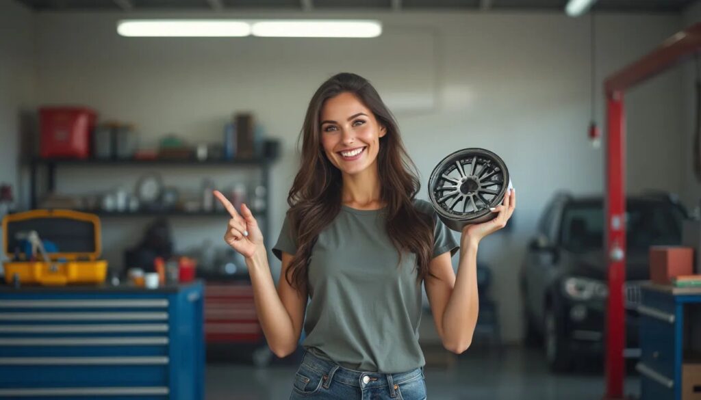 Una mujer sonriente sostiene su nuevo recambio de coche.