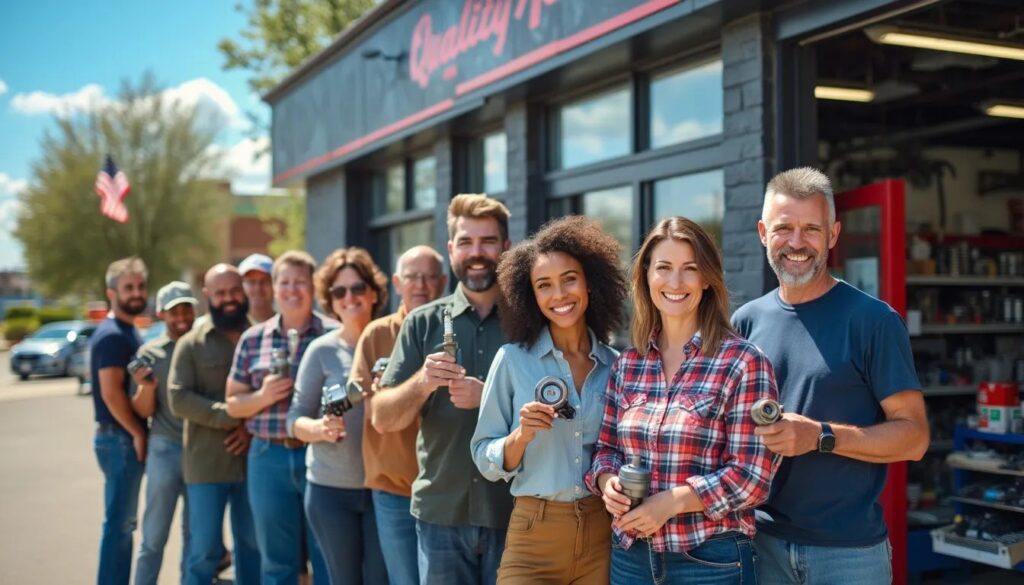 Un grupo diverso de personas sonrientes posa frente a un negocio llamado 'Quality Pro'. El grupo incluye hombres y mujeres de diferentes edades y etnias, todos vestidos de manera casual. Algunos llevan camisas de cuadros, otros camisetas lisas. En el centro, destacan una mujer joven de pelo rizado y otra de cabello largo castaño. A la derecha, un hombre mayor con barba gris sonríe ampliamente. Todos sostienen latas o botellas, sugiriendo que son clientes o empleados satisfechos. El edificio detrás es de color oscuro con letras rojas, y se ve una bandera estadounidense en un costado. El ambiente es soleado y amistoso, transmitiendo una sensación de comunidad y satisfacción del cliente.
