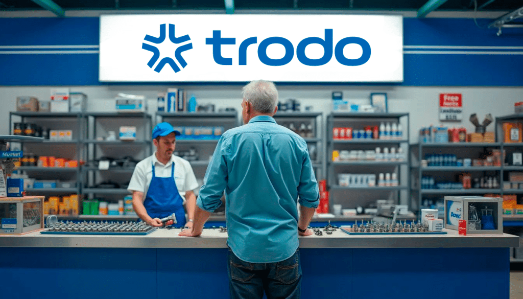 Interior de una tienda de recambios con el nombre “trodo” en un letrero iluminado en la pared del fondo. Estanterías con cajas y productos organizados se encuentran a ambos lados del espacio. En primer plano, una persona de espaldas, vestida con camisa azul, está frente a un mostrador atendido por otra persona detrás del mismo.