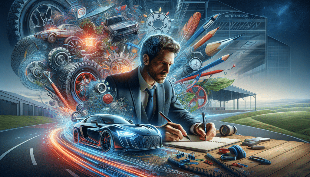Una representación surrealista de una persona escribiendo en un cuaderno, con elementos creativos como engranajes, símbolos matemáticos y notas musicales fluyendo de su mente. Un coche deportivo se aleja rápidamente en una carretera de luz, simbolizando éxito y progreso. La imagen ilustra la conclusión de que el éxito de un redactor de contenido automotriz combina conocimiento técnico, creatividad y conexión emocional con el lector.