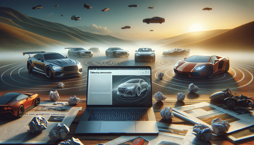 Un portátil en un escritorio rodeado de papeles arrugados y periódicos, con la pantalla mostrando un diseño de coche. En el fondo, varios coches flotan y circulan en una pista circular iluminada contra un cielo al atardecer. La imagen sugiere un tema futurista o conceptual relacionado con el diseño e innovación automotriz.