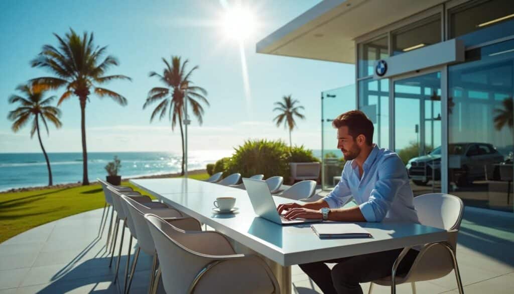 El copywriter que llevó al éxito al dueño del concesionario de coches, sentado en una mesa con un portátil. Está de espaldas a la cámara y su rostro está desenfocado para mantener su privacidad. La escena se desarrolla en una terraza al aire libre de un edificio moderno con paredes de cristal, con vistas a la playa y al océano bajo un cielo azul y soleado. En la mesa también hay una taza de café o té y algunos documentos.