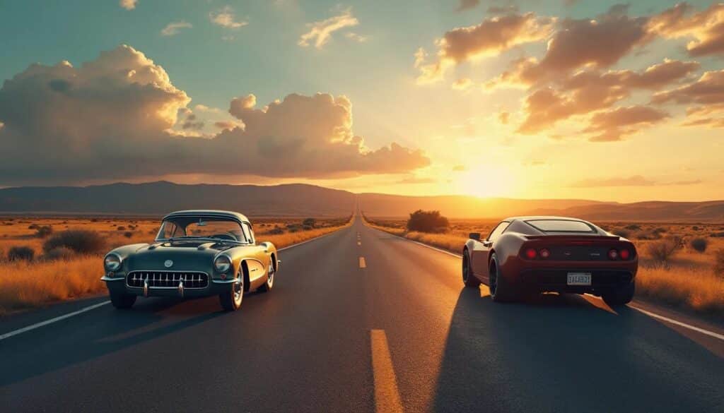 Dos coches en una carretera durante lo que parece ser el atardecer. A la izquierda hay un coche clásico con un capó largo y guardabarros redondeados, indicativo de un diseño vintage, mientras que a la derecha hay un coche deportivo moderno con líneas elegantes y un estilo contemporáneo. El sol poniente proyecta tonos cálidos en la escena, destacando el contraste entre el diseño automotriz del pasado y el presente. Esta yuxtaposición puede ser interesante para discusiones sobre la evolución automotriz, la estética del diseño o los avances tecnológicos en los vehículos a lo largo del tiempo.