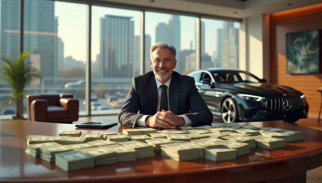 El dueño de un concesionario de coches, sentado en su escritorio con una gran cantidad de dinero en efectivo esparcido frente a él. Detrás, se ve una oficina moderna con muebles elegantes y grandes ventanas que revelan un paisaje urbano. Un coche de lujo está aparcado dentro de la oficina, simbolizando su éxito, gracias a la contratación de un copywriter de automoción.