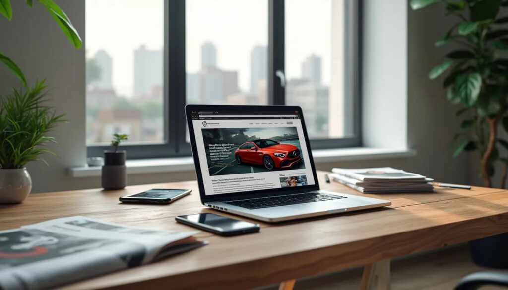 Espacio de trabajo moderno con un portátil sobre un escritorio de madera. La pantalla del portátil muestra un artículo o anuncio de un coche rojo. Junto al portátil, hay un smartphone y algunos papeles, posiblemente notas o documentos de trabajo. Al fondo, una gran ventana con vista a edificios sugiere un entorno urbano. Este escenario refleja la importancia de la estrategia de contenido en un entorno profesional, destacando cómo se accede y utiliza el contenido digital en el trabajo diario.