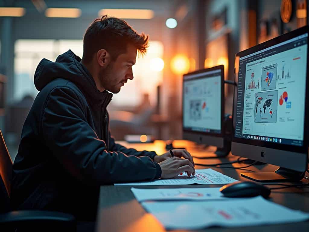 Una persona sentada frente a dos monitores de computadora con información gráfica en las pantallas. El entorno sugiere un espacio de trabajo u oficina, y la persona parece estar trabajando en análisis de datos o diseño gráfico, como indican los gráficos y mapas visibles en los monitores. La imagen refleja un escenario de trabajo moderno que involucra la visualización de datos, crucial para empresas e investigaciones. La imagen sugiere el uso de “Redacción SEO para sitios web de automóviles” en el contexto de análisis de datos y visualización.