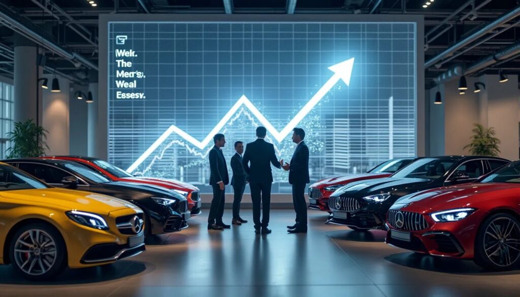Tres personas en un concesionario de coches participando en una discusión. Detrás de ellos hay una gran pantalla digital que muestra un gráfico ascendente, indicando un rendimiento positivo, probablemente de ventas o ingresos. La presencia de coches de lujo y el gráfico sugiere un entorno empresarial enfocado en el rendimiento de ventas automotrices. La imagen refleja la experiencia en el sector automotriz y sugiere el uso de “Redacción SEO para sitios web de automóviles” en el contexto de análisis de rendimiento y ventas.