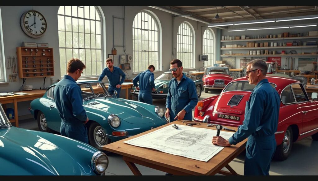 Un grupo de personas en un taller enfocado en el diseño y restauración de automóviles. Hay dos coches clásicos, uno azul y otro rojo, sugiriendo un contexto relacionado con automóviles vintage. Una gran mesa de dibujo con un plano detallado de un coche es central en la escena, indicando trabajo de diseño o ingeniería. El entorno incluye grandes ventanas que proporcionan luz natural, un reloj en la pared que marca las diez y diez, y varias herramientas y equipos típicos de un taller automotriz. Esta imagen captura la esencia de la colaboración entre especialistas en el sector automotriz y refleja un ambiente donde la redacción sobre automóviles puede inspirarse en la experiencia práctica con coches clásicos.