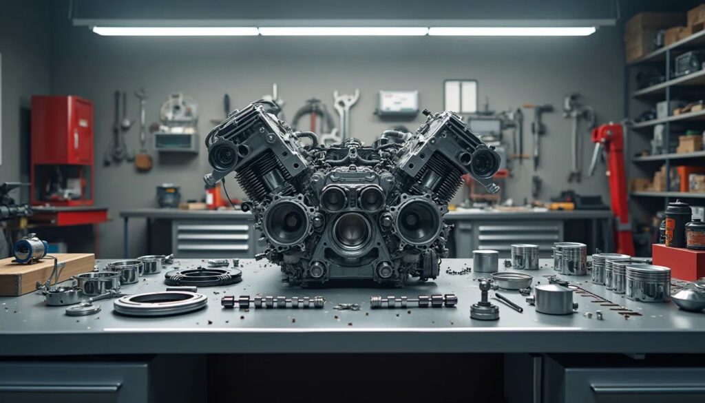 La imagen muestra un motor V8 desmontado en un banco de trabajo. En el centro está el bloque del motor, rodeado de varios componentes como pistones, bielas y otras piezas del motor, todas dispuestas ordenadamente. El fondo muestra un entorno de taller con herramientas y gabinetes, lo que enfatiza el contexto de reparación o ensamblaje del motor.