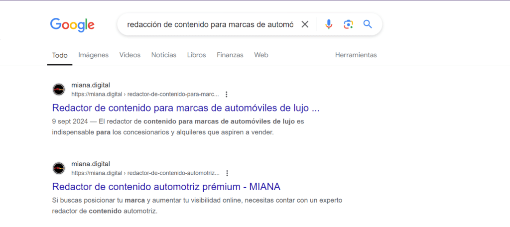 Copywriter para concesionarios: Captura de pantalla de una página de resultados de búsqueda de Google para ‘redacción de contenido para marcas de automóviles’, mostrando dos resultados destacados del sitio web ‘nuevo.miana.digital’. Ambos resultados resaltan la especialización de Miana en redacción de contenido automotriz de lujo y premium, subrayando su posición en la primera página de Google.