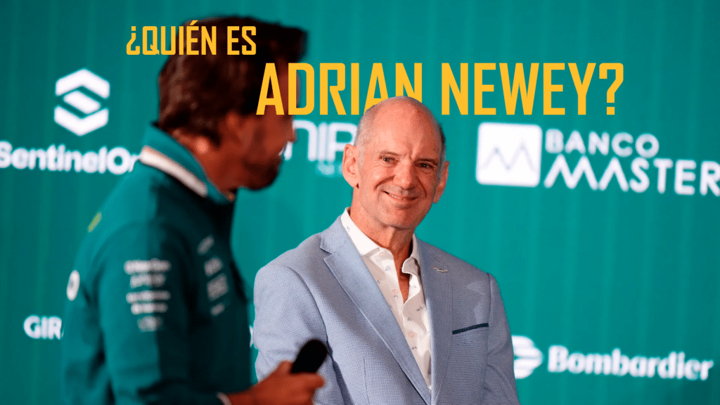 En la imagen se presentan Fernando Alonso y Adrian Newey en un evento formal. Alonso está ligeramente borroso en el fondo, mientras que Newey, en primer plano, mira a la cámara. Newey viste un traje celeste sin corbata y Alonso lleva un blazer verde oscuro. Sobre ellos hay un texto en fuente blanca y negrita que pregunta “¿QUIÉN ES ADRIAN NEWEY?”, rodeado de logotipos de empresas como Sentido Comun, Bombardier y Banco Master.