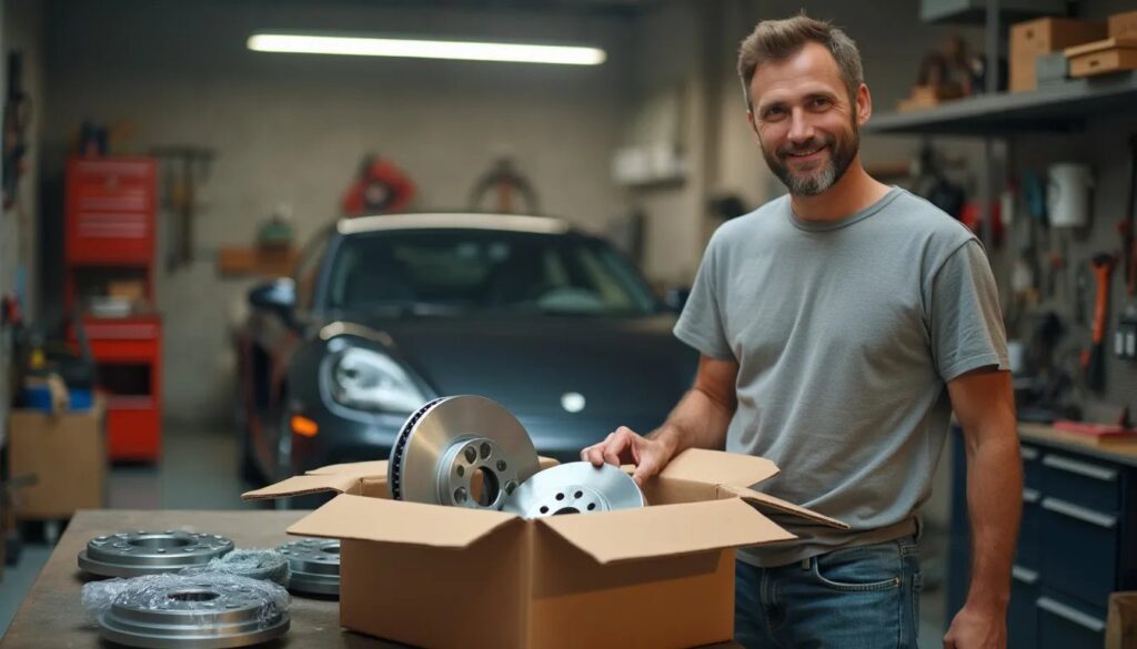 Un hombre en un garaje sostiene una caja de cartón abierta que contiene discos de freno. En el fondo, hay un coche con el capó abierto, lo que sugiere que el hombre está a punto de trabajar en él. Parece que ha recibido los recambios de coche correctos porque los ha pedido en Trodo.es