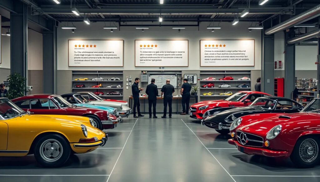 Vista de un showroom de coches clásicos en el taller de coches de lujo Jesauto en Zaragoza. La imagen muestra varios vehículos vintage, incluyendo un Porsche 911 rojo y otro plateado, dispuestos en un suelo brillante. Cuatro personas están de pie en el centro, conversando y observando los coches. En las paredes hay cuadros enmarcados con reseñas positivas de Google.
