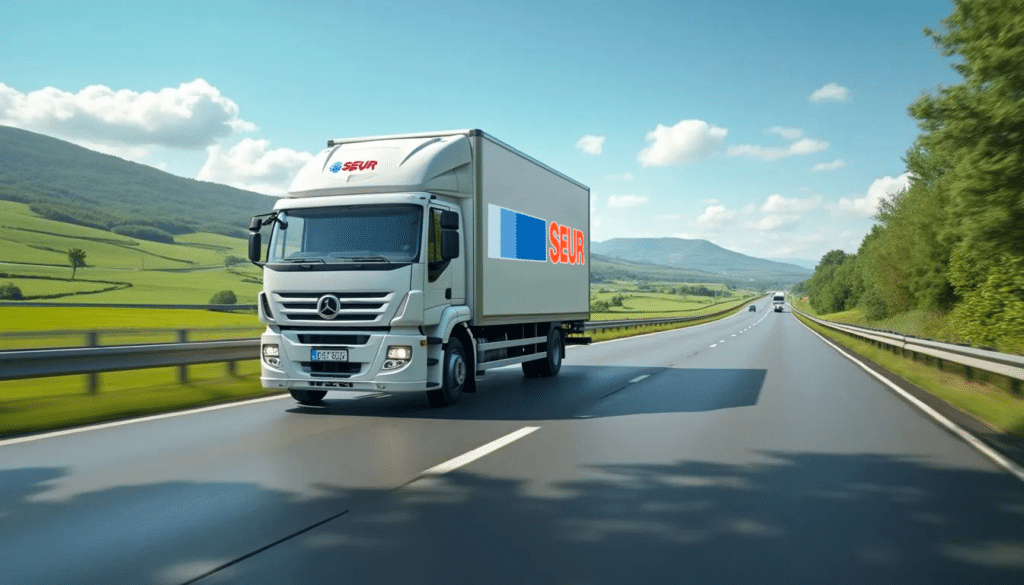 La imagen muestra un gran camión de reparto blanco en una autopista con colinas verdes y un cielo azul claro de fondo. El lateral del camión tiene el logotipo “SEUR” en letras rojas, indicando que es un vehículo de la empresa de mensajería española SEUR, conocida por sus servicios de entrega de paquetes. Esta imagen es relevante ya que representa el envío rápido de recambios de coche, mostrando cómo las empresas de logística como SEUR pueden facilitar el transporte rápido de mercancías a través de distancias.