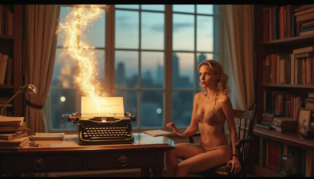 En una elegante biblioteca con vista a una ciudad al atardecer, una mujer en ropa interior dorada está sentada en un escritorio frente a una máquina de escribir antigua. De la máquina emerge una columna de luz dorada brillante, como chispas mágicas, simbolizando la creación de contenido cautivador. La escena combina elementos de fantasía, creatividad y sensualidad en un ambiente de escritor, sugiriendo la idea de producir contenido que atrape la atención del público.