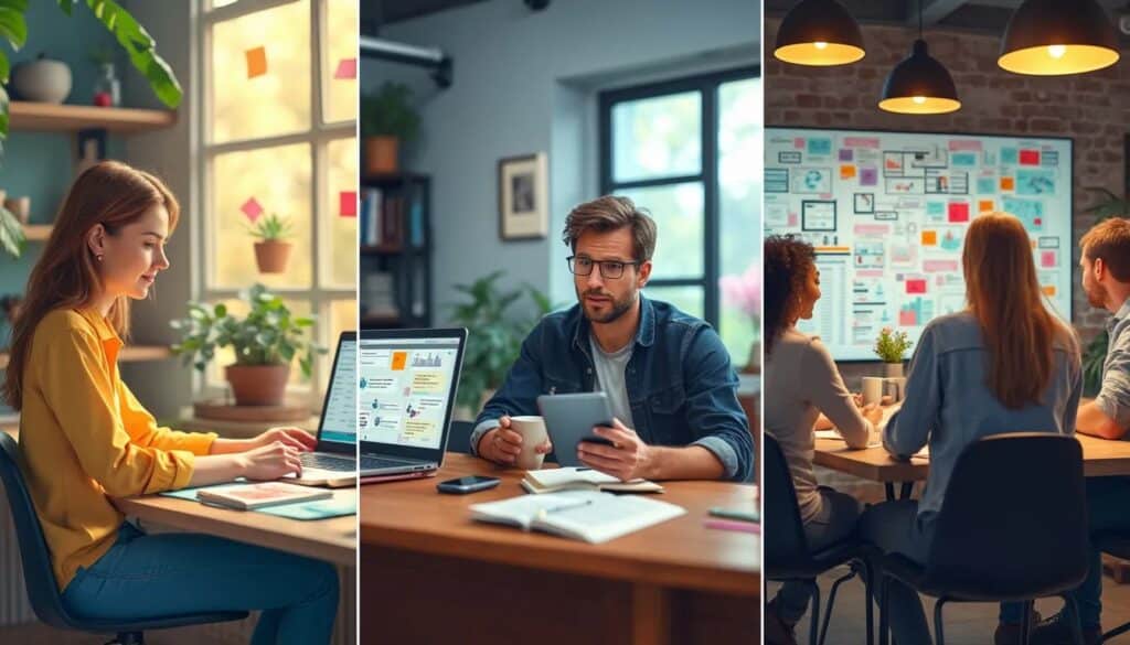 Copywriter para concesionarios: Tríptico de tres entornos de oficina diferentes, cada uno mostrando una o dos personas trabajando. El panel izquierdo muestra a una persona en un escritorio con un portátil que muestra varios gráficos y datos, representando la segmentación de datos demográficos. El panel central muestra a otra persona en un escritorio, sosteniendo un smartphone y mirando su pantalla, simbolizando la segmentación de mensajes para diferentes grupos demográficos. El panel derecho muestra a dos personas de espaldas, sentadas en una mesa frente a una pared cubierta de notas y materiales de planificación de proyectos, ilustrando la segmentación de mensajes para distintos segmentos demográficos.