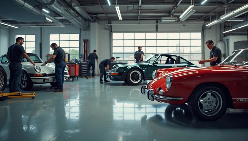 Vista de un grupo de personas trabajando en un espacioso taller de coches de lujo en Zaragoza, llamado Jesauto. En el centro de la imagen, se destacan varios coches clásicos, incluyendo un Porsche 911 rojo y otro plateado. El taller está bien iluminado y tiene un suelo brillante.