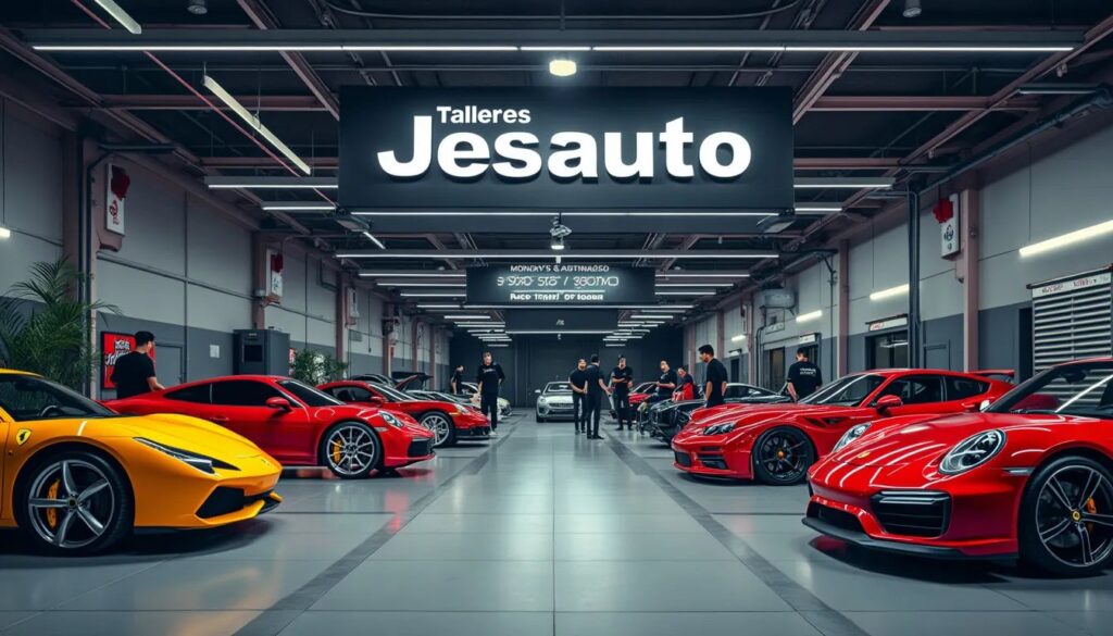 Vista de un showroom de coches de lujo en Zaragoza, llamado Jesauto. La imagen muestra una fila de coches deportivos de alta gama, predominantemente de color rojo, incluyendo modelos de Ferrari y Porsche. Un cartel en la parte superior dice ‘Talleres Jesauto’ y hay precios exhibidos junto a cada coche. El showroom tiene un diseño moderno e iluminación industrial.