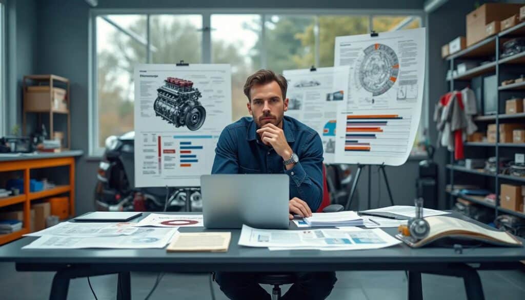 Un redactor de contenido para revistas automotrices sentado en un escritorio con varios dibujos de ingeniería y gráficos en la pared detrás. La persona sostiene una hoja de papel que oculta su rostro, frente a un portátil, con más papeles y un cuaderno en el escritorio. Este entorno sugiere un espacio de trabajo de ingeniería o diseño, lo cual podría ser interesante para aquellos en campos relacionados.