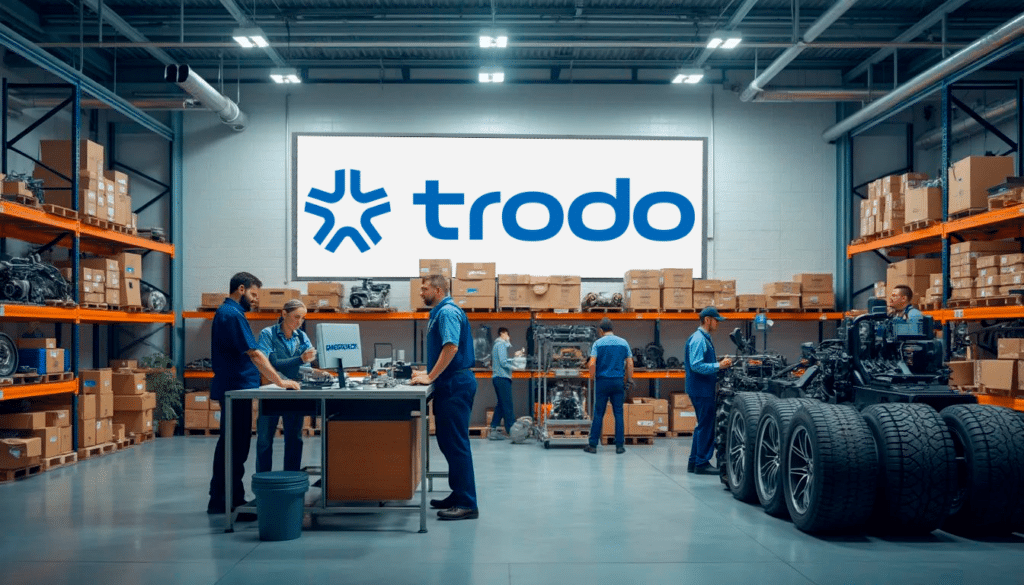 Interior de un almacén de la marca Trodo, mostrando estanterías altas llenas de cajas marrones organizadas. En el centro, hay una mesa de trabajo donde cuatro trabajadores con uniformes azules están manejando y examinando piezas y componentes de automóviles. Hay neumáticos apilados a un lado y varios motores sobre soportes en el área de trabajo. El logo grande de Trodo es visible en la pared del fondo, destacando sobre un fondo blanco. La imagen transmite una atmósfera ordenada y profesional dentro del almacén especializado en recambios de coche baratos.