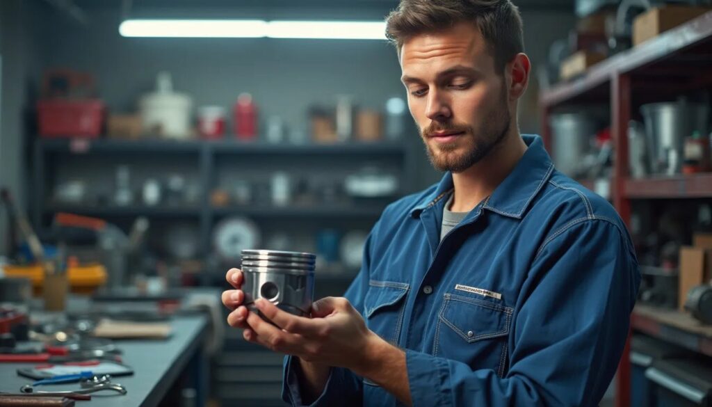 Un mecánico de coches con mono azul sostiene un pistón de coche en sus manos mientras mantiene una expresión meditativa.