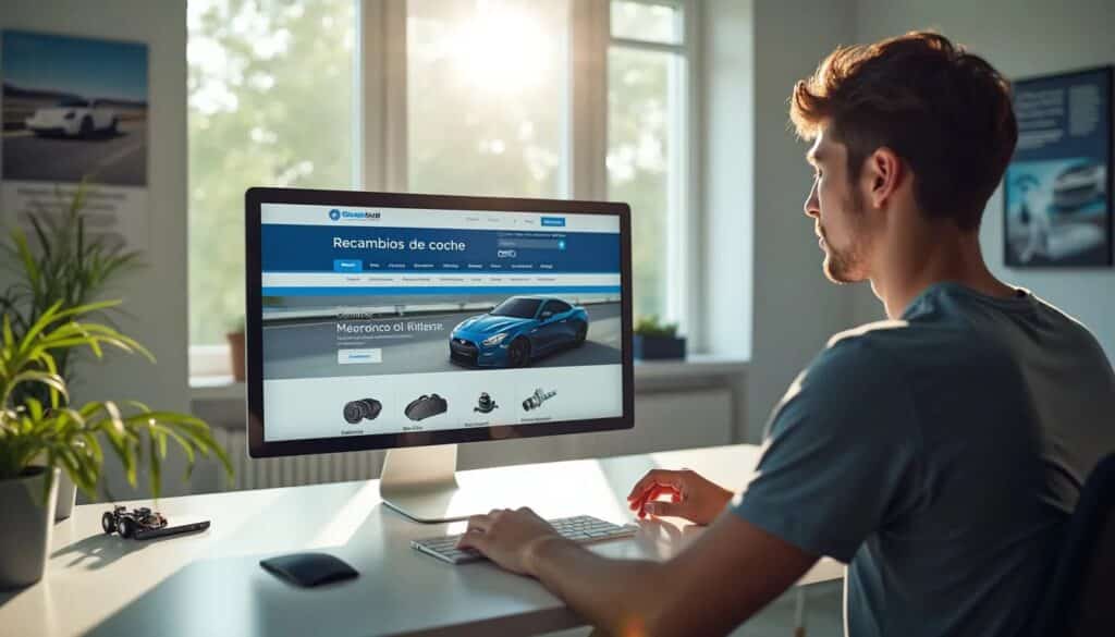 La imagen muestra a una persona sentada frente a una computadora de escritorio con una pantalla retroiluminada que muestra una página web. La página está en español y se pone “Recambios de coche”, con imágenes de recambios de coche y un coche azul. También hay pequeños modelos de coches en el escritorio junto al teclado. 