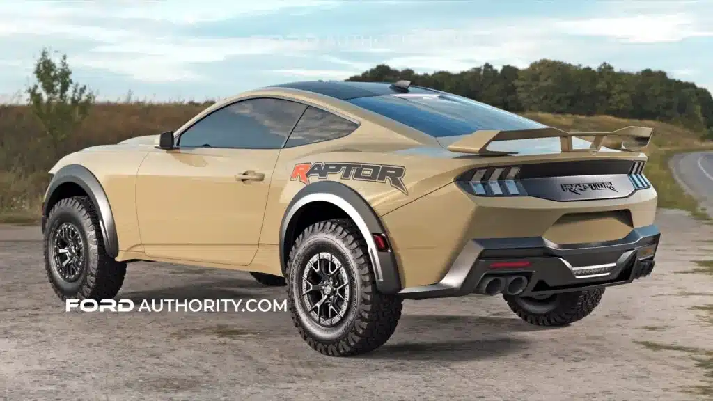 Vista trasera en ángulo del Ford Mustang Raptor 2026 en color beige o marrón claro, estacionado en una superficie sin pavimentar con vegetación y un cielo nublado de fondo. El coche destaca por su diseño musculoso, grandes ruedas con neumáticos todoterreno y luces traseras distintivas.