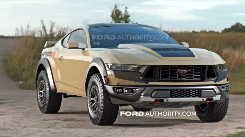 Vista de tres cuartos frontales del Ford Mustang Raptor 2026 en color dorado, con suspensión elevada y neumáticos todoterreno. El coche muestra un estilo agresivo y modificaciones que sugieren capacidades mejoradas para off-road. El entorno parece ser una zona abierta con un fondo natural, indicando el diseño aventurero del coche.