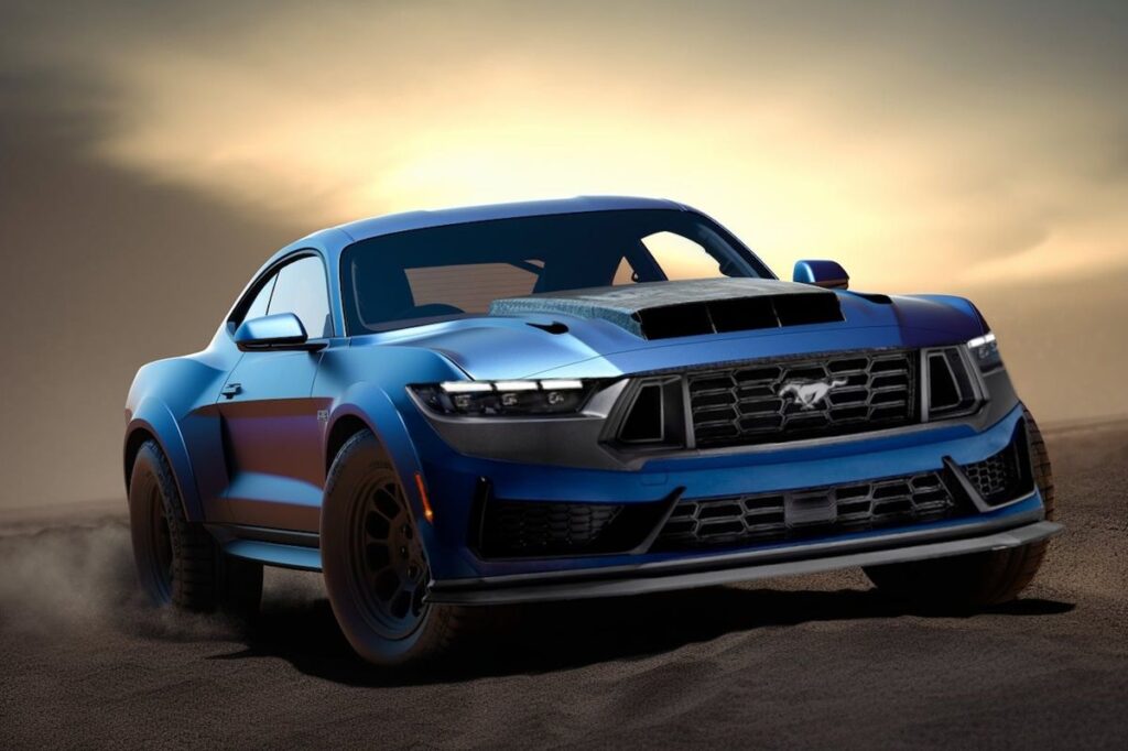 Imagen de un Ford Mustang Raptor 2026 azul con detalles en negro, posicionado sobre una superficie polvorienta con un fondo borroso que sugiere movimiento o velocidad. El diseño del coche presenta un estilo agresivo con líneas afiladas, grandes ruedas y una parrilla frontal prominente.