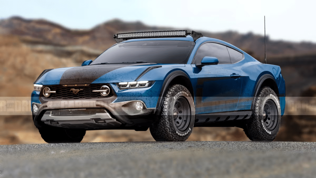 Imagen de un Ford Mustang Raptor 2026. El vehículo presenta una carrocería azul elegante con detalles en negro, incluyendo una parrilla y arcos de rueda negros. Tiene una postura agresiva con suspensión elevada y grandes neumáticos todoterreno. Una barra de luces está montada en el techo, realzando su apariencia robusta.