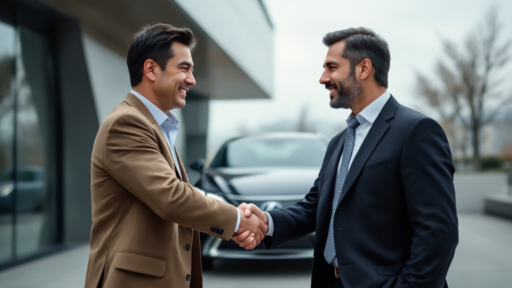 Dos individuos en trajes de negocios se dan la mano fuera de un edificio, posiblemente indicando un acuerdo profesional o un saludo. El individuo a la izquierda es japonés. Hay un coche en el fondo, sugiriendo que la ubicación podría ser un estacionamiento o cerca de un edificio de oficinas. La escena representa una interacción profesional común.