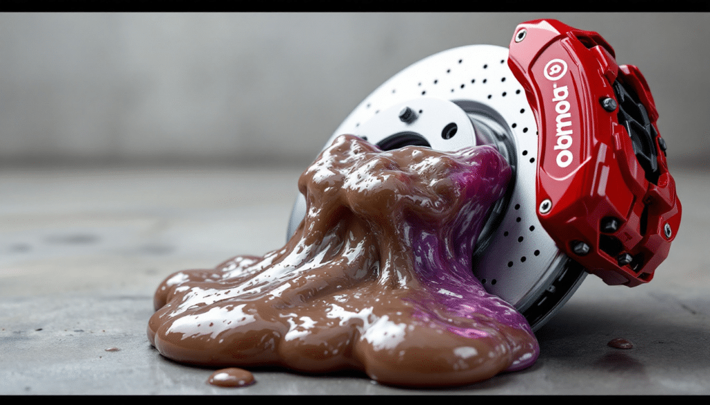 Disco de freno y pinza de freno de un coche con una sustancia viscosa, marrón y púrpura, saliendo del centro donde estaría el cubo de la rueda. El disco de freno es detallado con perforaciones y ranuras visibles, diseñadas para mejorar el rendimiento de frenado y la disipación de calor. La pinza es roja con el texto “Brembo”, indicando una marca conocida por frenos de alto rendimiento.