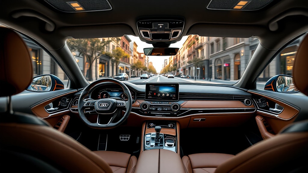 Vista interior de un coche desde la perspectiva del asiento trasero, mostrando un salpicadero moderno con una pantalla central de infoentretenimiento, volante con el logo ‘Audi’ y asientos de cuero. El coche está estacionado en una calle urbana con edificios, vistos a través del parabrisas. El diseño del interior inspira lujo y comodidad, con acabados de alta calidad, detalles elegantes y una atmósfera que invita al confort y la sofisticación.