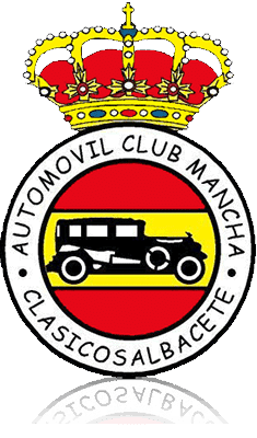 Logo del Automóvil Club Mancha. En la parte superior del emblema hay una corona, simbolizando realeza o prestigio. Debajo de la corona, el nombre “AUTOMOVIL CLUB MANCHA” en letras mayúsculas. En el centro, una ilustración de un coche clásico, sugiriendo que el club se enfoca en vehículos clásicos. En la parte inferior, el texto “CLASICOS ALBACETE,” que podría referirse a la ubicación o al enfoque específico del club. El fondo es de color amarillo y hay elementos decorativos alrededor de la ilustración del coche que se asemejan a hojas de laurel, asociadas con la victoria o el logro.