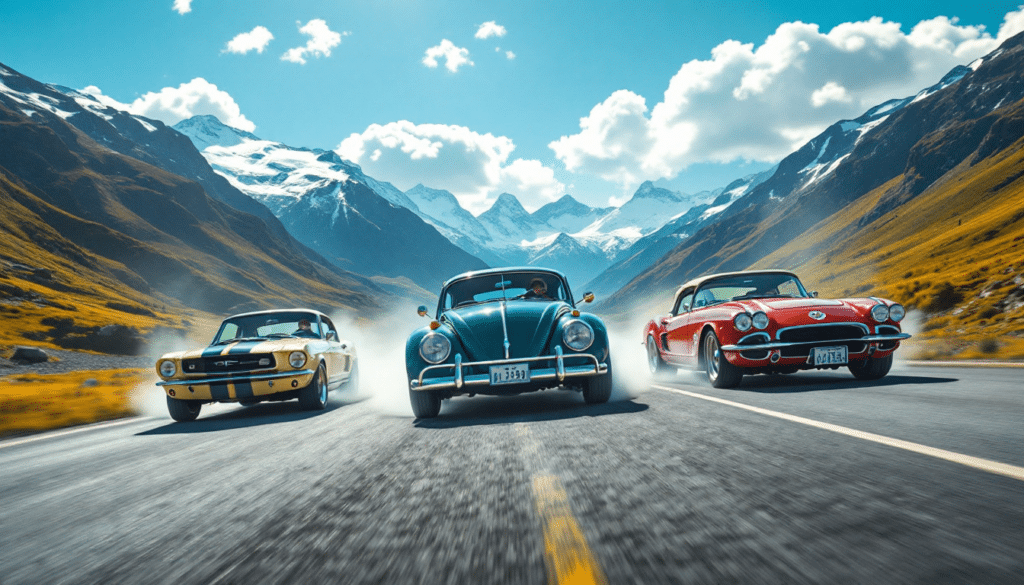 La imagen muestra tres coches clásicos conduciendo por una carretera en los Pirineos, con montañas al fondo. La escena es interesante por la combinación de automóviles vintage y el paisaje escénico, lo que podría atraer a los entusiastas de los coches clásicos y la naturaleza.