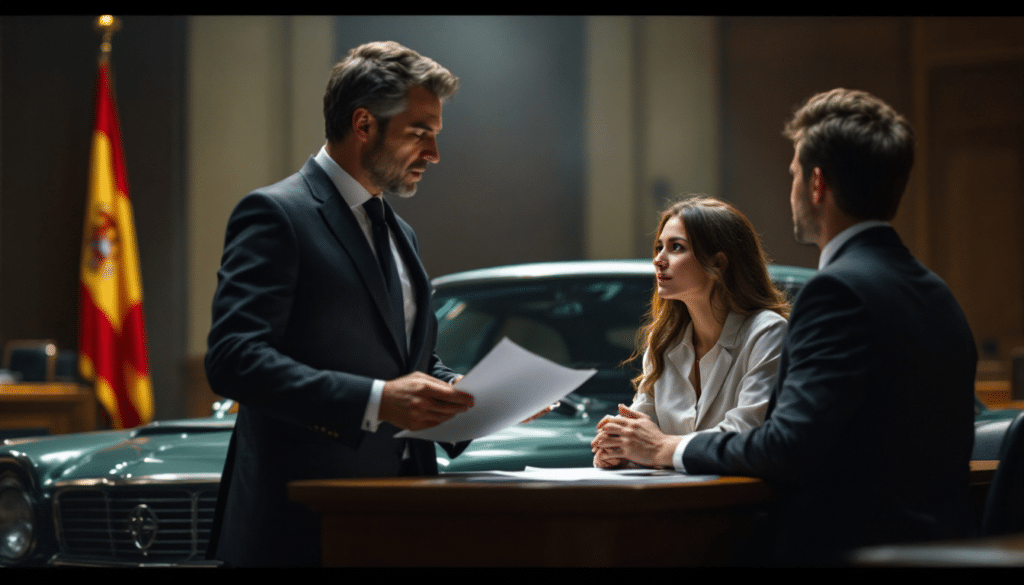 La imagen muestra a tres personas en un entorno formal que sugiere una consulta o reunión legal. La persona de pie parece ser un asesor o abogado, sosteniendo documentos y dirigiéndose a las dos personas sentadas, que podrían ser clientes. El escenario incluye una mesa y sillas, con una bandera en el fondo que indica que esto podría tener lugar en España, dado los colores y el emblema de la bandera. También se ve un coche de lujo en el fondo, lo que podría implicar que la reunión trata sobre un asunto de interés financiero significativo o se lleva a cabo en un lugar de alto nivel.